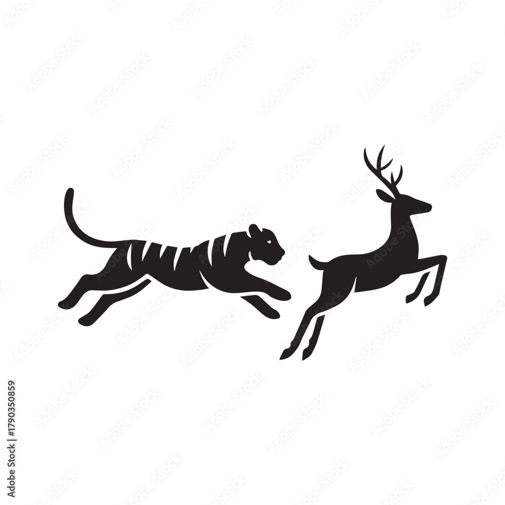 Obraz premium Tiger Chasing Deer Silhouette – Minimalist Black Icon of Wildlife, Motion, and Predator-Prey Dynamics
