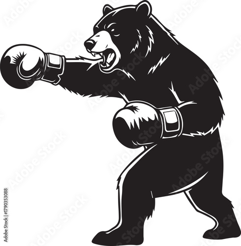 Black bear wearing boxing gloves throwing a punch
