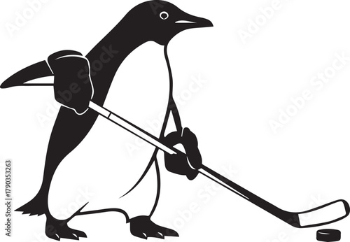 Penguin playing hockey with a stick and puck on ice