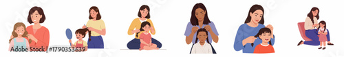 Cute Flat Illustration of Mother Braiding Hair Daughter Hairstyle Together Family