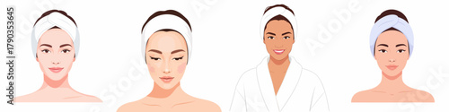 Minimalist Illustration Different Ethnicity Woman With Headband and Spa Robe Beauty