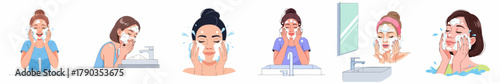 Cartoon Daily Cleansing Woman Illustration Set for Skincare and Beauty Routine
