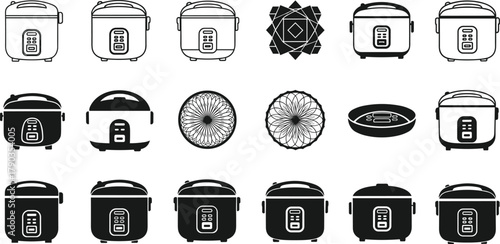 Rice cooker vector set, black and white kitchen appliance, electric cooker icon, modern kitchenware, household cooking equipment illustration design