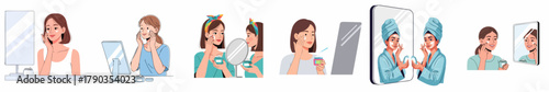 Flat Illustration Various Woman Doing Beauty Routine in Front of Mirror