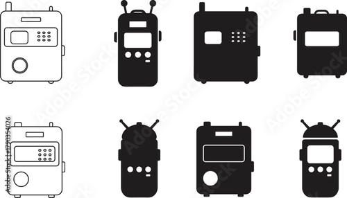 Retro walkie talkie and radio device vector icons set, communication technology symbol, vintage gadget design, black and white illustration