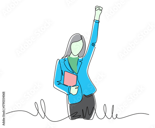 Continuous line art of a young businesswoman raising her hand. The concept celebrates perfect achievement and extraordinary success. The image uses attractive colors.