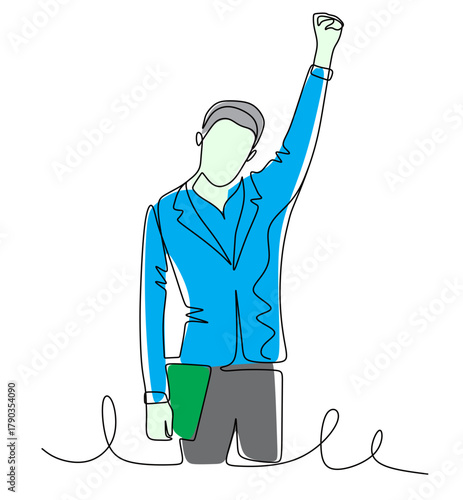 Continuous line art of a young male entrepreneur raising his hand. The concept of celebrating perfect achievement and extraordinary success. The image uses attractive colors.