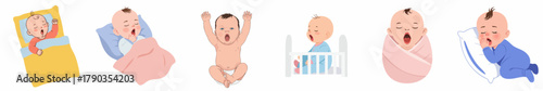 Cute Handdrawn Style Baby Yawns and Sleeps in Various Poses Illustration