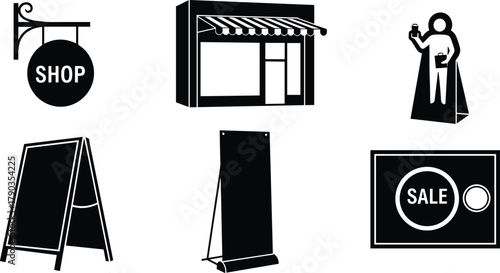 Retail icons, shop sign, storefront, shopping bag, mobile purchase, sale banner, sandwich board, vertical display, promotion, commerce, advertising