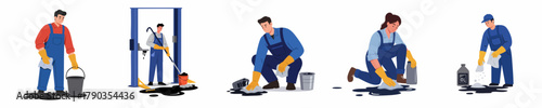 Illustration Various Workers in Blue Overalls Cleaning Spills in Garage
