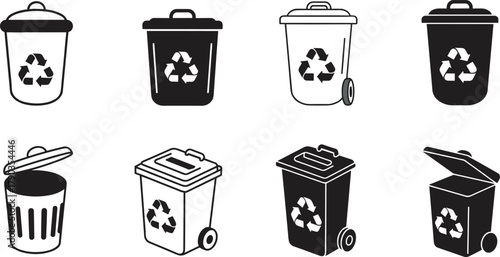 Recycling bin icon set, waste management symbol, eco-friendly garbage can vector illustration for environment, sustainability, trash sorting and green recycling design