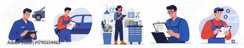 Flat Illustration Set of Auto Mechanic Repair Service and Maintenance