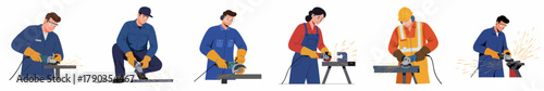 Flat Illustration of Metalworker Grinding Metal with a Handheld Angle Grinder in Workshop