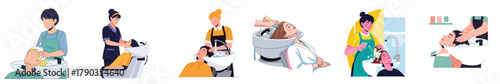 Flat Illustration Set of Shampoo and Hair Wash in Salon