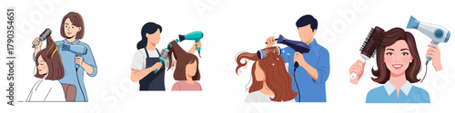 Flat Illustration of Hair Salon Service, Hairdresser Blow Drying Customer Hair
