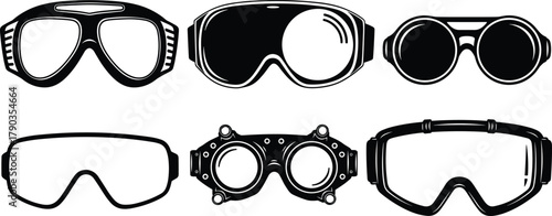 Protective goggles vector set, black and white safety eyewear illustration, industrial and sports eye protection design for work and adventure