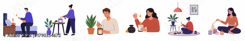 Flat Illustration of Diverse People Engaging in Leisure Activities at Home
