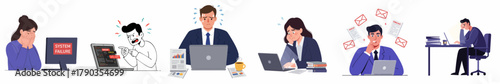 Modern Flat Style Stressed Office Worker with Laptop at Desk Illustration