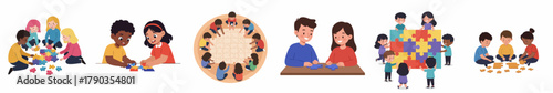 Colorful Flat Illustration of Children Playing and Learning Together in a Group