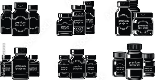 Premium spice jar set, black minimalist containers, kitchen storage solution, modern spice organization, stylish pantry jars, culinary essentials, chef tools