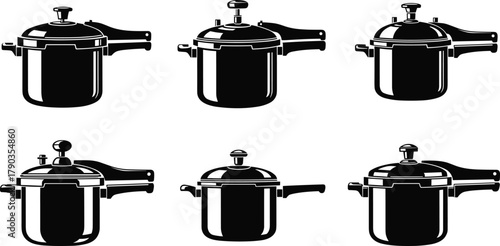 Pressure cooker set black vector illustration, modern kitchen cookware design, stainless steel pot collection, cooking equipment concept for food preparation