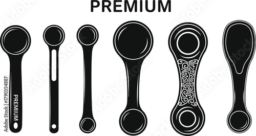 Premium measuring spoons set black vector illustration, modern kitchen utensil collection, cooking tools design, culinary accessory concept for food preparation
