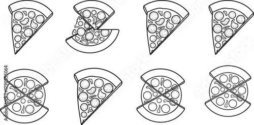 Pizza slice and whole pizza icon set, food illustration, Italian cuisine, fast food, restaurant menu, delicious snack design