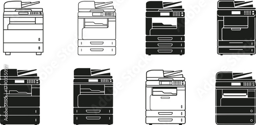 Photocopier printer vector set, office copy machine icons, multifunction device illustration, black and white silhouette equipment for business and technology