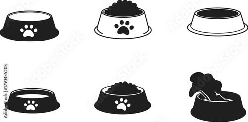 Pet food bowls vector set, dog and cat feeding dishes, animal meal containers, kibble icons, isolated black and white illustration