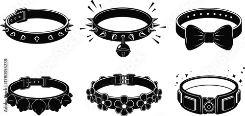 Pet collar collection, stylish dog and cat accessories, spiked collar, bow collar, floral collar, modern design, vector illustration set, isolated