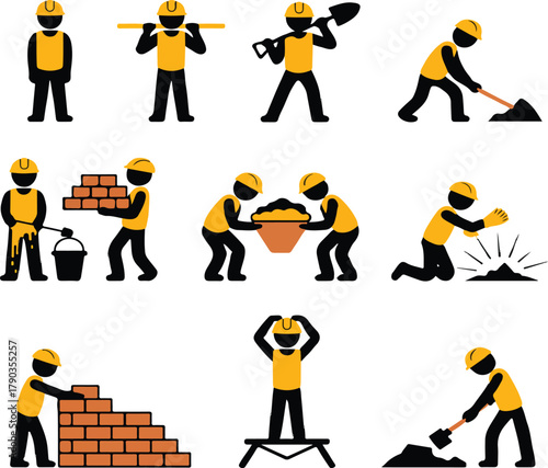 Construction Workers Pictogram Set Illustrating Various Jobs and Building Skills