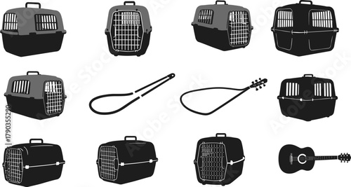 Pet carriers and animal transport boxes collection, veterinary equipment, cat dog travel crates, leashes, guitar silhouette, isolated vector icons set