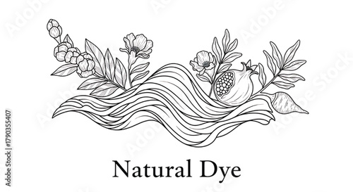 Artistic illustration of natural dyes with flowing lines and botanical elements