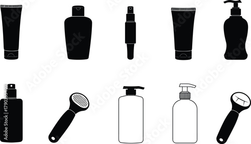 Personal care product silhouettes, black and white grooming icons, hygiene tools, skincare bottles, pump containers, spray bottles, vector illustrations