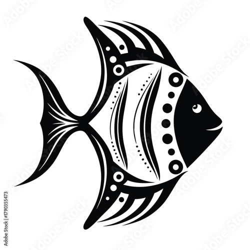 Black and White Angelfish Tribal Tattoo Design, Stylized Tropical Fish Vector Icon