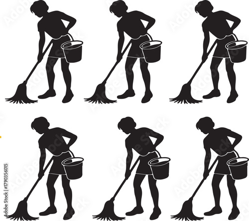 Silhouetted Figures Mopping with Buckets in a Repeated Pattern Design