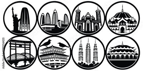 Collection of iconic Malaysian landmarks in black and white, showcasing cultural heritage and architecture