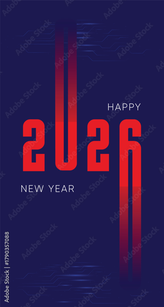 Obraz premium Futuristic Happy New Year 2026 poster with red digital numbers and blue tech circuit background. Holiday greetings, celebration events, party invitations, online banners. Modern techno typography