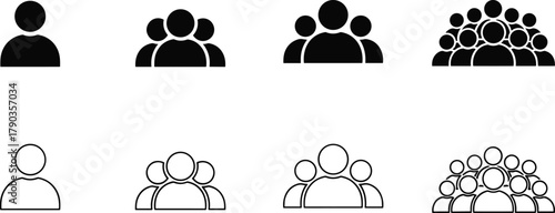 People icons, user symbols, community group, social network concept, teamwork and collaboration, outline and filled silhouettes, diverse population illustration