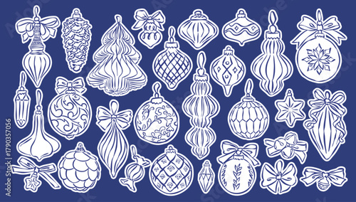 Christmas ornament doodles collection. Art for greeting cards, wedding invitations, poster design, postcards, branding, logo design, background.	