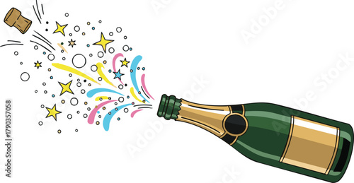 Festive Champagne Bottle Exploding with Stars and Bubbles Celebrating Special Occasion