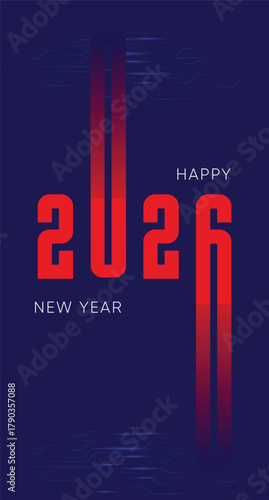 Futuristic Happy New Year 2026 poster with red digital numbers and blue tech circuit background. Holiday greetings, celebration events, party invitations, online banners. Modern techno typography