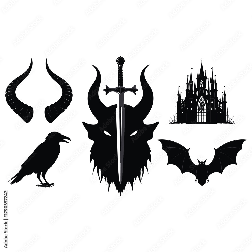 Obraz premium Black silhouette collection of gothic and fantasy elements including horns a raven a sword a castle and a bat