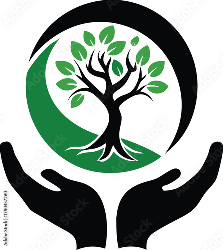 tree growing inside a human hand silhouette logo