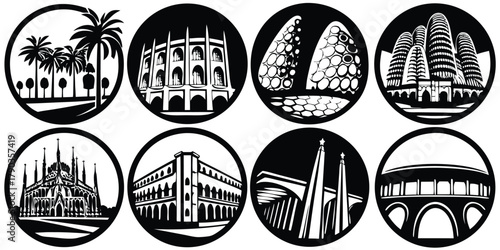 Eight famous Spain landmarks in black and white vector illustration