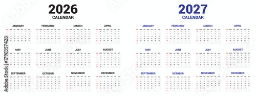 2026 and 2027 Calendar Vector Design, Corporate Planner Template, Modern Minimalist Layout, Week Starts on Sunday, Editable Business Calendar Design
