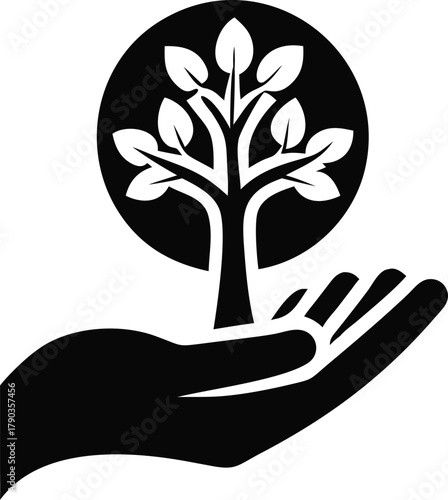 tree growing inside a human hand silhouette logo