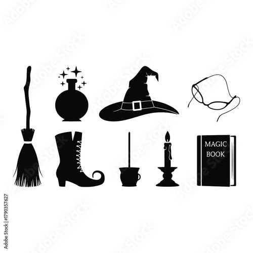 Black silhouette collection of witchy items including broom potion hat boot candle and book witch broom