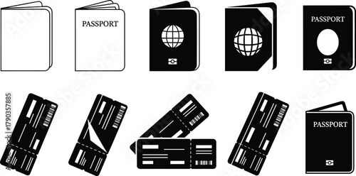 Passport and boarding pass icons collection, travel document illustration, airplane ticket, global travel identification, flight boarding, airport check-in, vacation trip design