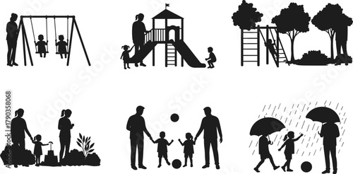 Parents and children playing together in park, family outdoor activities, playground fun, teamwork, bonding moments, parenting love, happy childhood illustration